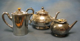 A circular Britannia metal teapot, a silver plated bachelors teapot, a hotelware hotwater jug and a Mexican bird