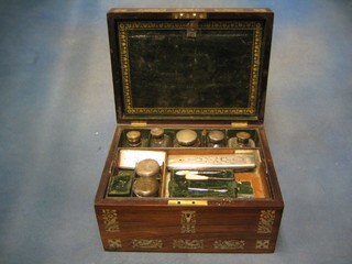 A handsome Victorian rosewood and inlaid mother pearl vanity case with Chub improved lock, the interior fitted 2 cut glass dressing table jars with lids and 2 pierced silver pin jar lids only, Edinburgh 1838