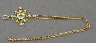 A gold pendant set 2 oval cut "aquamarines" and 8 pearls, hung on a gold chain