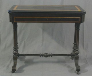 An ebonised and inlaid maple aesthetic movement card table, raised on 4 turned supports with H framed stretcher, the base fitted a drawer, 33"