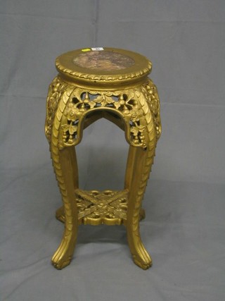 A 19th Century Oriental pierced gilt painted jardiniere stand with pink veined marble top