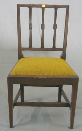 A  set of 8 19th Century mahogany stick and rail back dining chairs with upholstered drop in seats, raised on square tapering supports, with H framed stretchers, (2 carvers, 6 standard)