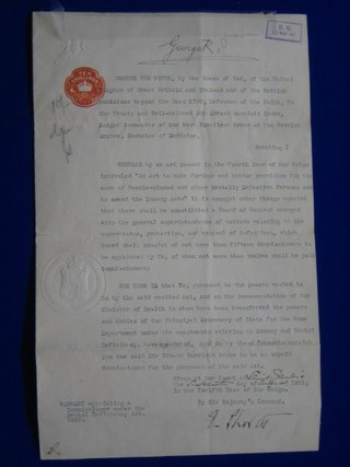 A George V Warrant appointing Dr Sir Edward Marriott Cocke, a Commissioner Under the Metal Deficiency Act 1913, bears signature, together with a small slip of paper bearing the signature of Prince Arthur of Connaught  1 1/2" x 2"