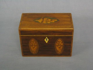 A 19th Century rectangular mahogany twin compartment tea caddy with hinged lid and ivory escutcheon, 7 1/2"