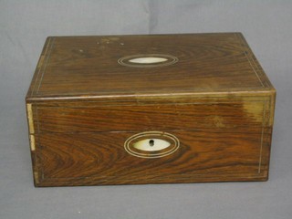 A Victorian rosewood and mother of pearl inlaid trinket box with hinged lid 12"