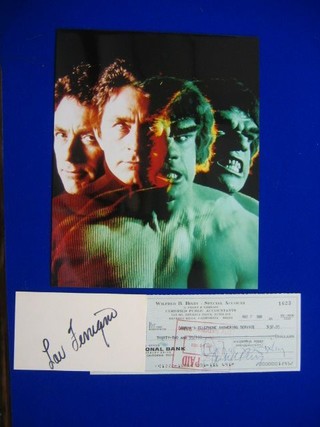 A still from (The Hulk) with a 1968 cheque signed by Bill Bixby and a slip of paper signed by Lou Ferrigno