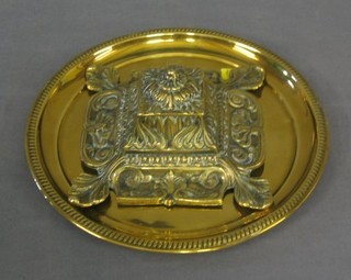 A square cast brass ink well 6" and a circular brass tray 10"