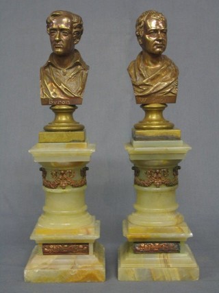 A pair of bronze head and shoulders portrait busts of Walter Scot and Byron, raised on marble columns 14"