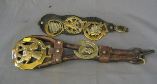 A leather Martingale hung 2 horse brasses and a reproduction Martingale hung 3 brasses