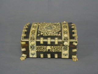 An Eastern buffalo horn and ivory arch shaped trinket box with hinged lid 6 1/2"