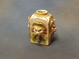 An 18th/19th Century Majolica square tea caddy with grotesque mask decoration (no lid) 5", the base marked SC
