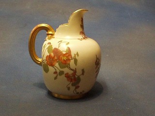 A Victorian Royal Worcester blush ivory jug with floral decoration and gilt handle, the base marked a surmounted by a purple Worcester mark, RD no. 29115, 7" (slight chip to rim)