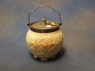 A Lock & Co Limited Worcester porcelain biscuit barrel of leaf form with silver plated mounts