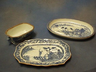 A Nankin porcelain sauce tureen 7", a Nankin pottery meat plate 11" and a Nankin oval pottery meat plate 13" (all cracked)