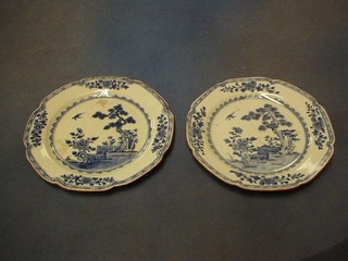 A pair of 18th/19th Century Oriental blue and white porcelain plates decorated trees 9"