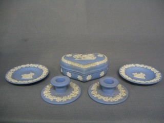 A Wedgwood blue Jasperware heart shaped trinket box 5 1/2", 3 circular ashtrays, a pair of candlesticks, 2 cylindrical jars and covers, 1 other (no lid) and a Victorian 1887 pressed glass Jubilee plate 7"