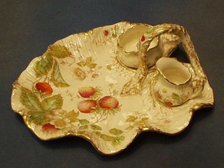 A 19th Century pottery scalloped shaped strawberry dish with matching sugar bowl and cream jug 13"