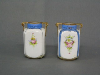 A pair of Noritake porcelain twin handled vases 5" and a pair of Davenport twin handled plates with puce and gilt banding 9"