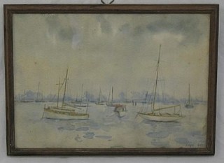 M Hops, watercolour "Moored Yachts" 9" x 13" signed and dated 1947