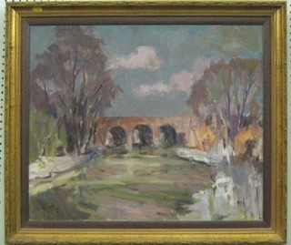 An impressionist oil painting on board "Three Arched Bridge and Trees"