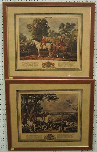 A pair of modern reproduction Continental coloured hunting prints 15" x 18"