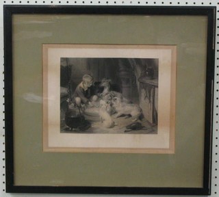 A 19th Century monochrome print "Feeding the Dogs" 7" x 9"