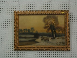 A 19th/20th Century oil painting on canvas "Snowy Landscape with Figure Driving Sheep by a Stream" 12" x 17"