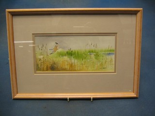 David Barber, watercolour drawing "Flying Bird by Lake with Reeds" 5" x 9"