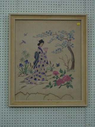 An Oriental wool work picture "Standing Geisha Girl by a Tree" 20" x 19"