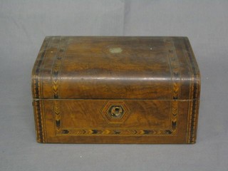A 19th Century D shaped mahogany trinket box with hinged lid and parquetry decoration 10"