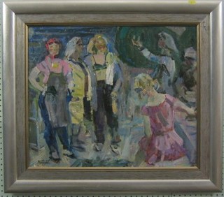 Leonid Kudryavrev, oil painting on board "Folk Dancers" 19" x 23"