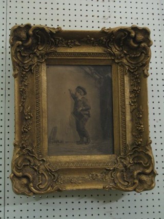 A 19th Century monochrome print "Standing School Boy" contained in a decorative gilt frame 11" x 8"