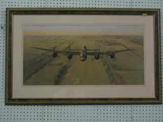Coulson, a coloured print "Lancaster in Flight Over Countryside" 14" x 28"