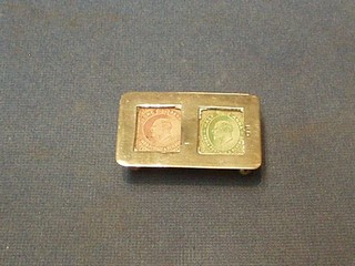 A silver twin section table top stamp box, the lid decorated 2 Indian stamps, Birmingham 1909 2"