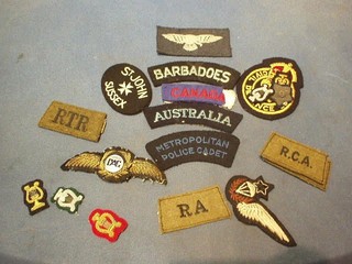 A pair of Civil Air Guard embroidered pilots wings Ugandan Air Force Parachute Instructors half wing, 8 various cloth shoulder titles and 8 other cloth badges