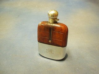 A glass and crocodile covered hip flask with detachable silver cup and collar, Sheffield 1927, by James Dixon & Sons