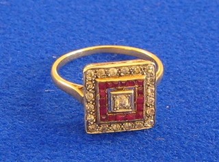 A lady's attractive Art Deco square shaped dress ring set numerous diamonds and rubies