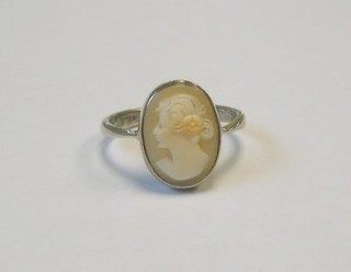A lady's silver dress ring set a shell carved cameo portrait of a lady