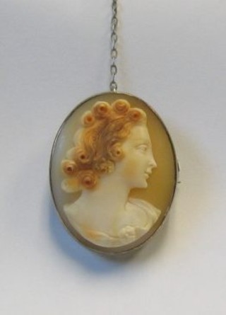 A shell carved cameo portrait  of a lady contained in a brooch mount