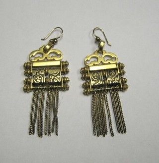 A pair of "gold" drop earrings with niello decoration, probably constructed from a Langtree watch chain