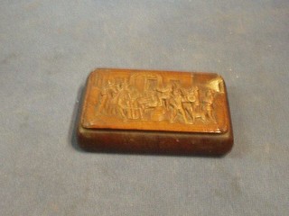 An 18th/19th Century Continental carved wooden snuff box, the hinged lid decorated musicians 4 1/2" (some damage to the lid)