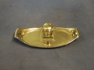 An Edwardian boat shaped silver plated standish with square cut glass inkwell  8 1/2" 