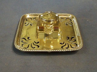 A square pierced silver plated standish with square cut glass inkwell 5 1/2"