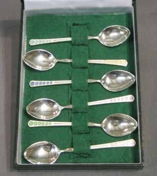 A set of 6 silver and enamelled coffee spoons Birmingham 1913, cased