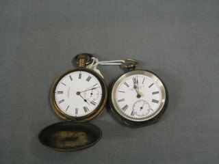 An open faced pocket watch by John Mayers in a silver case and a Waltham gold plated pocket watch in full hunter case