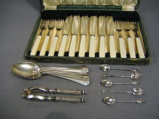 A plain silver caddy spoon, Sheffield 1964, 6 silver plated fish knives and forks and a small collection of flatware