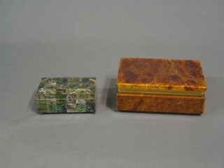 A hard stone and gilt mounted cigarette box with hinged lid 6" and a mother of pearl box 4"