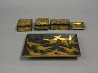 A black lacquered tray decorated storks 7", 3 lacquered boxes and a small lacquered tray 2"