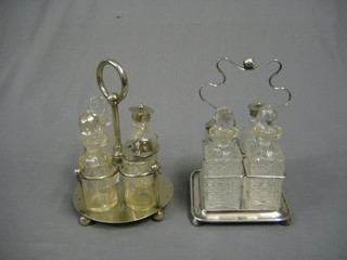 A circular 4 bottle silver plated condiment set complete with bottle and a square 4 bottle condiment set