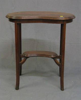 An Edwardian inlaid mahogany kidney shaped 2 tier occasional table raised on outswept supports 27"
